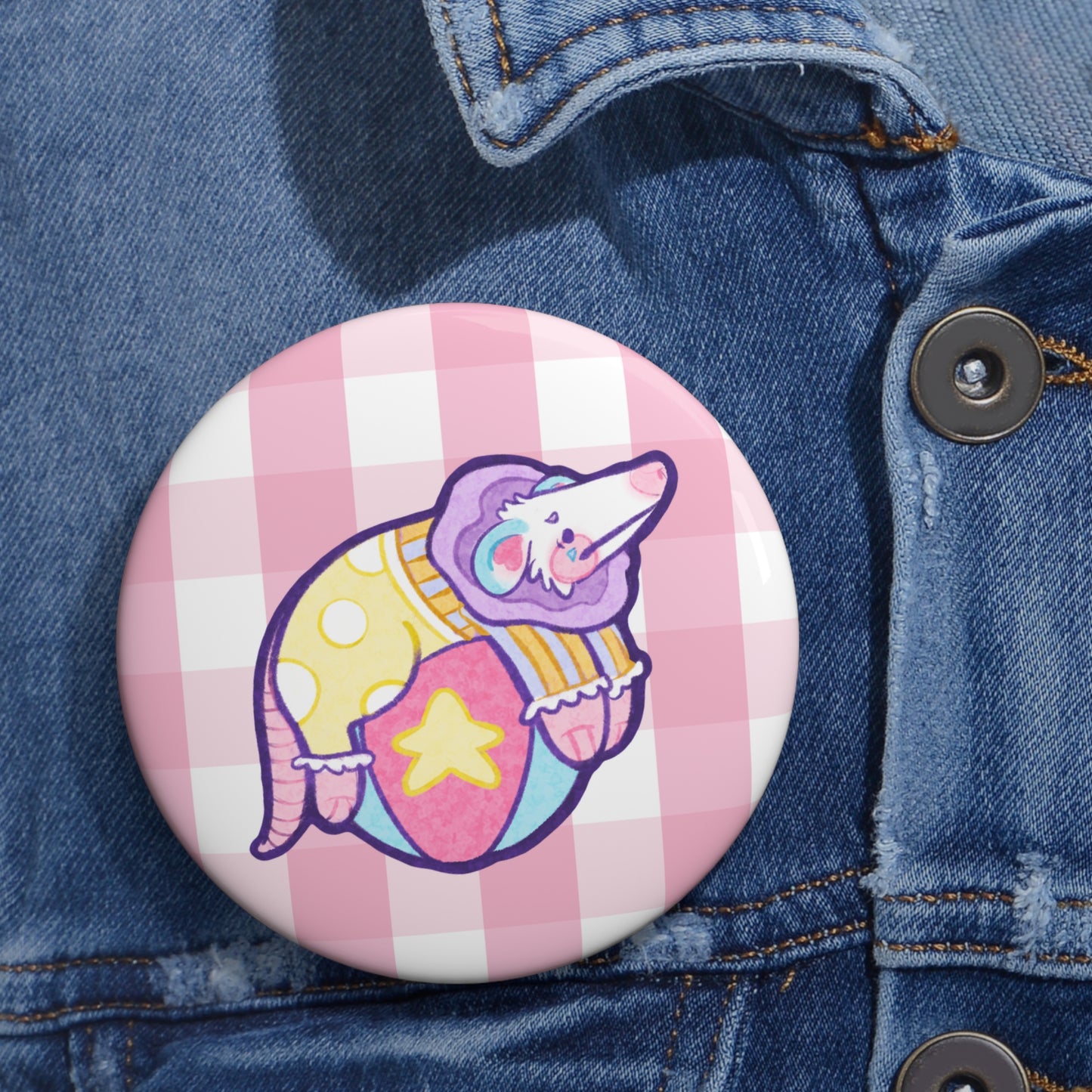 Overstimulated Opossum on Star Ball Pin Button | Cute Pastel Animal Badge, Pin, Pinback