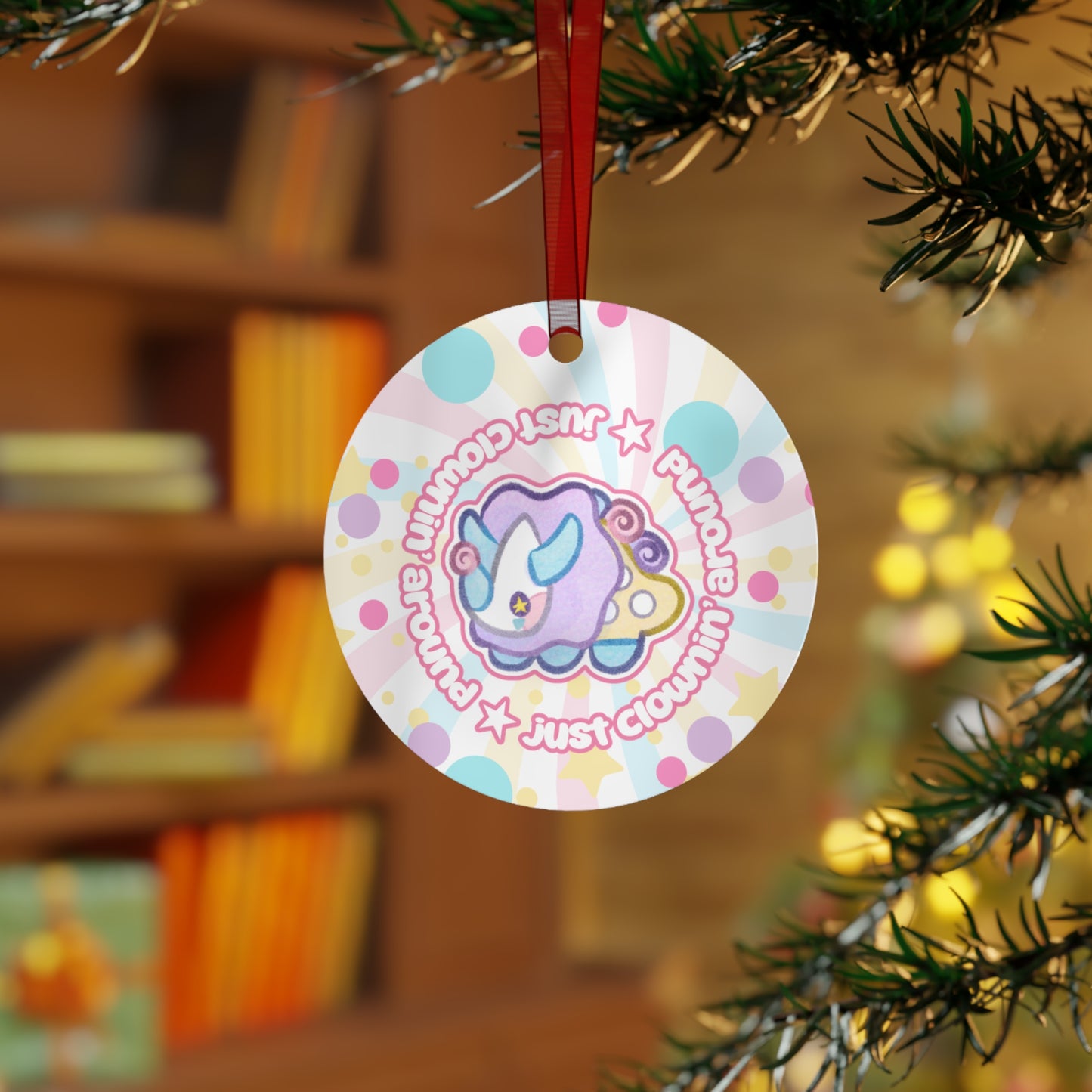 Kawaii Funceratops Clown Metal Ornament | Cute Pastel Dinosaur Circle Ornament