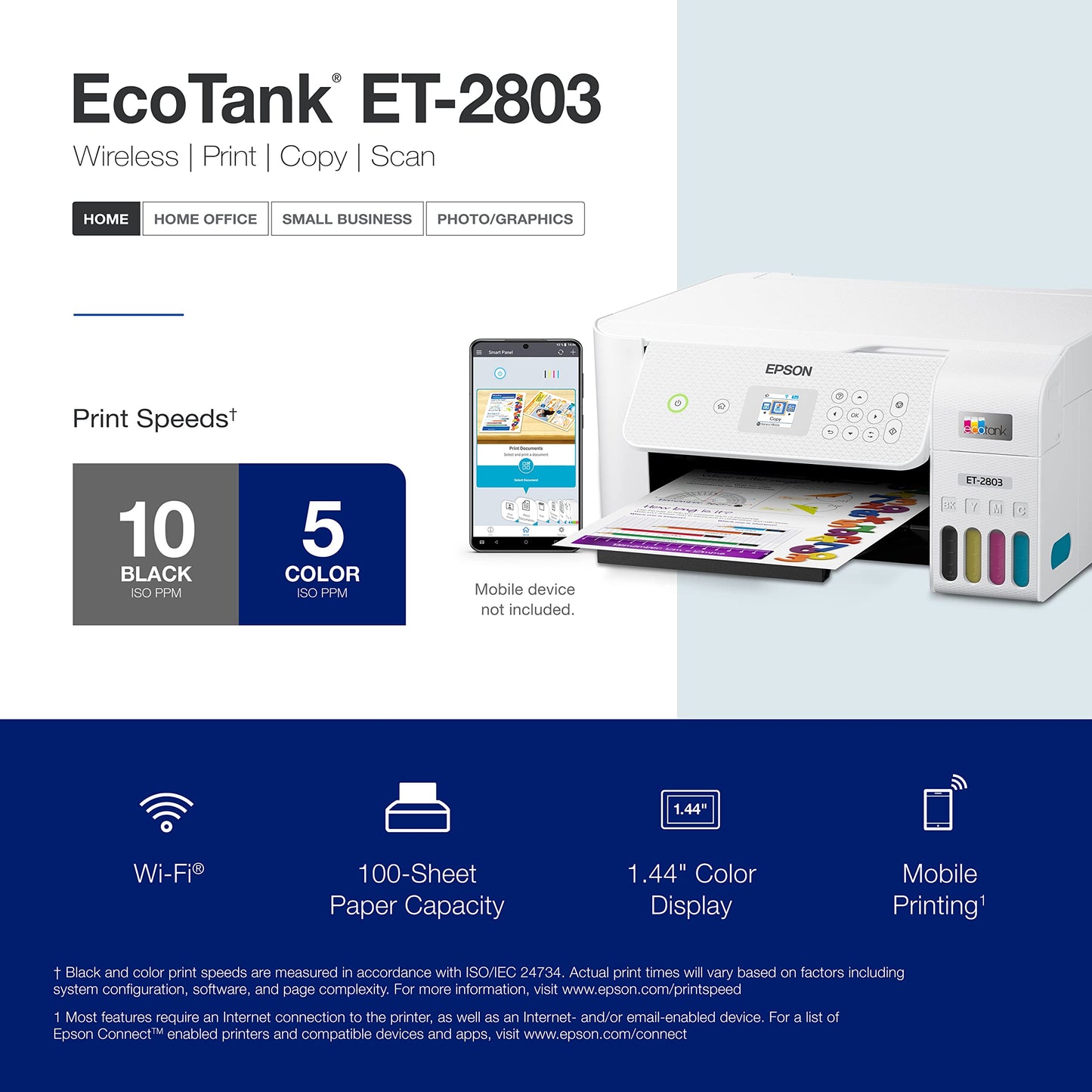 Epson EcoTank ET-2803 Wireless Color All-in-One Cartridge-Free Supertank Printer w/ Scan, Copy, AirPrint