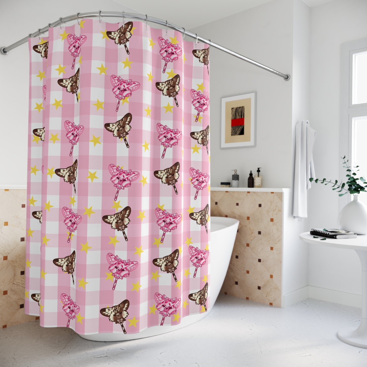 Cake Pup Shower Curtain Chocolate and Raspberry Dessert Dogs | Pink Gingham Design | Starry