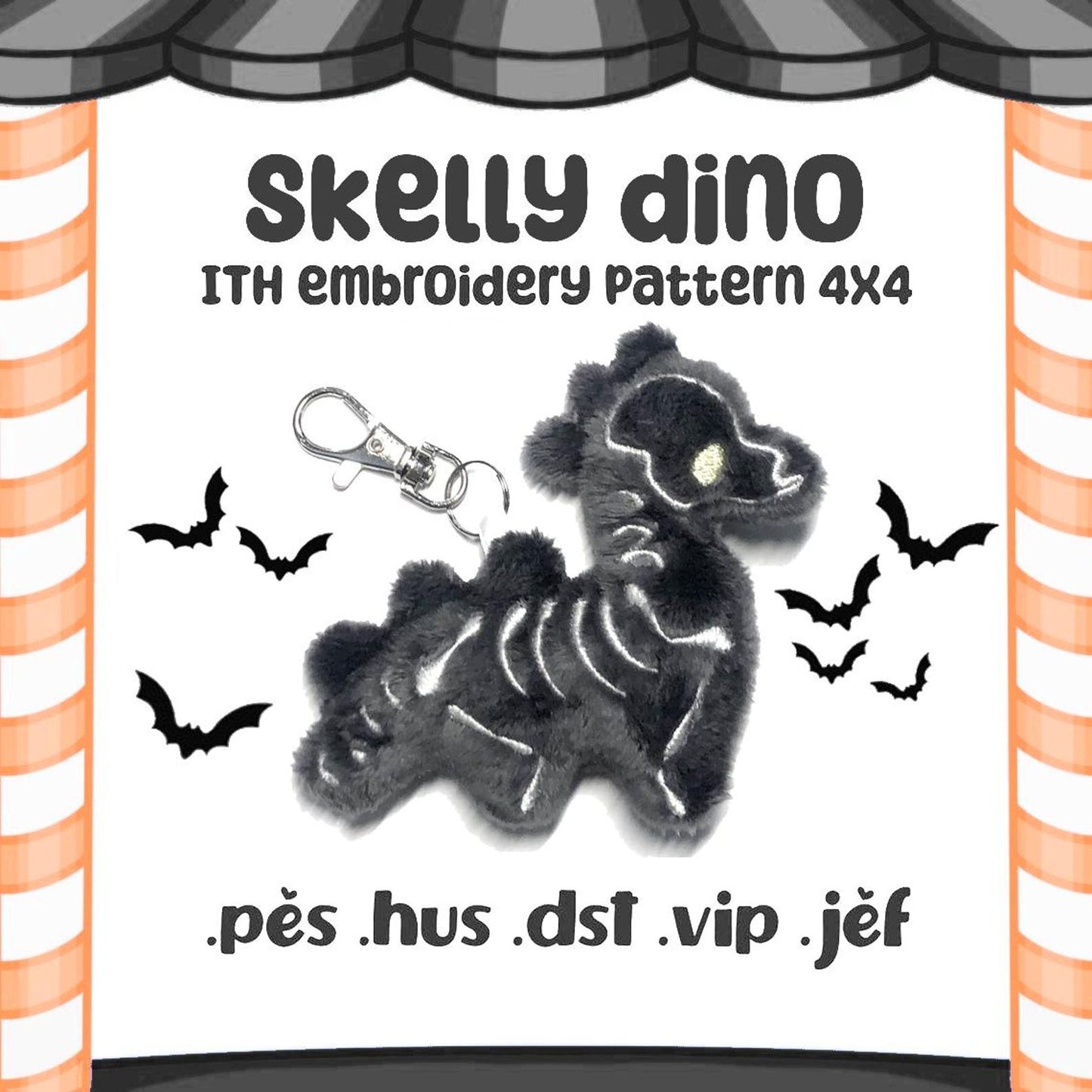 Skelly Dino ITH Plush Pattern Creepy Kawaii Skeleton Embroidery Machine Pattern 4x4 Hoop Digital Download