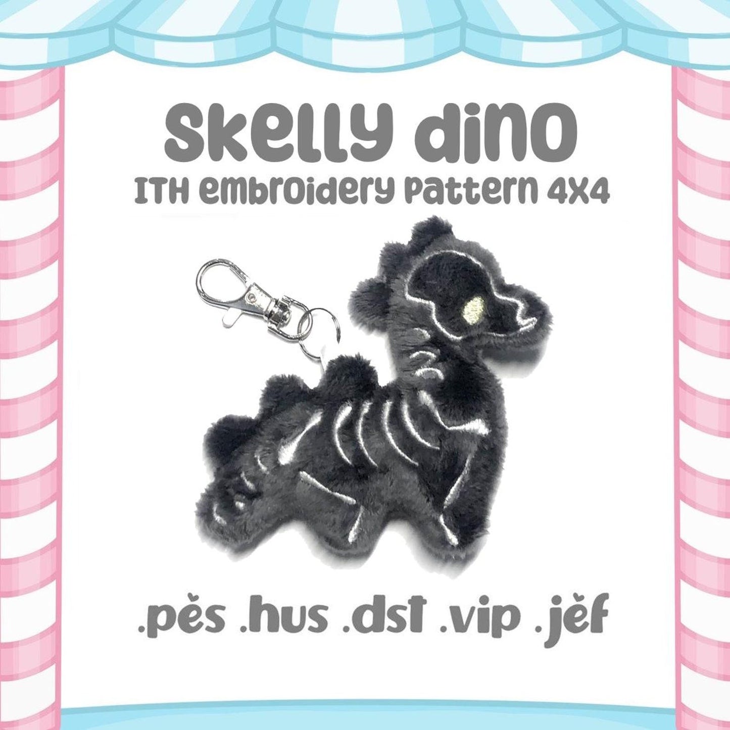 Skelly Dino ITH Plush Pattern Creepy Kawaii Skeleton Embroidery Machine Pattern 4x4 Hoop Digital Download