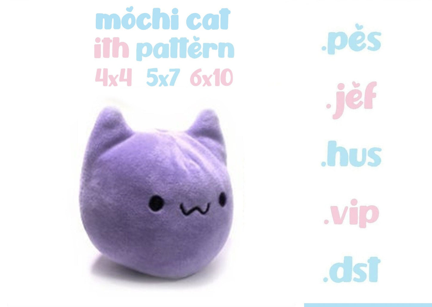 Mochi Cat Squishy Kawaii ITH Embroidery Pattern Fidget Stim Toy Tiny Plush Cute 4x4 5x7 6x10