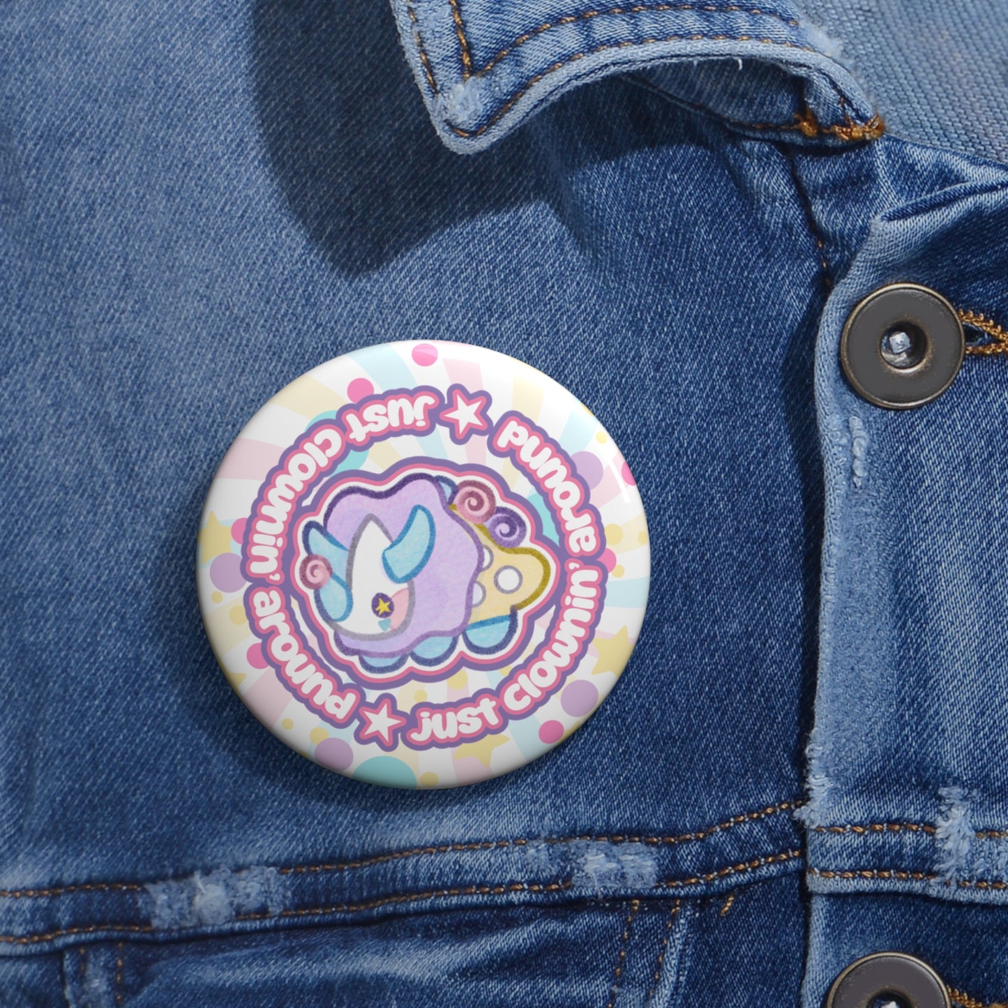 Cute Pastel Funceratops Clownin Around Pin Buttons | Just Clownin' Around Badge Silly Clowncore Circus