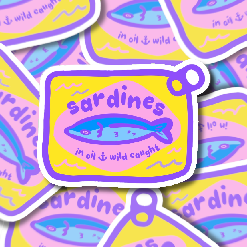 Sardines Can Illustration Die-Cut Sticker | Colorful Seafood Art