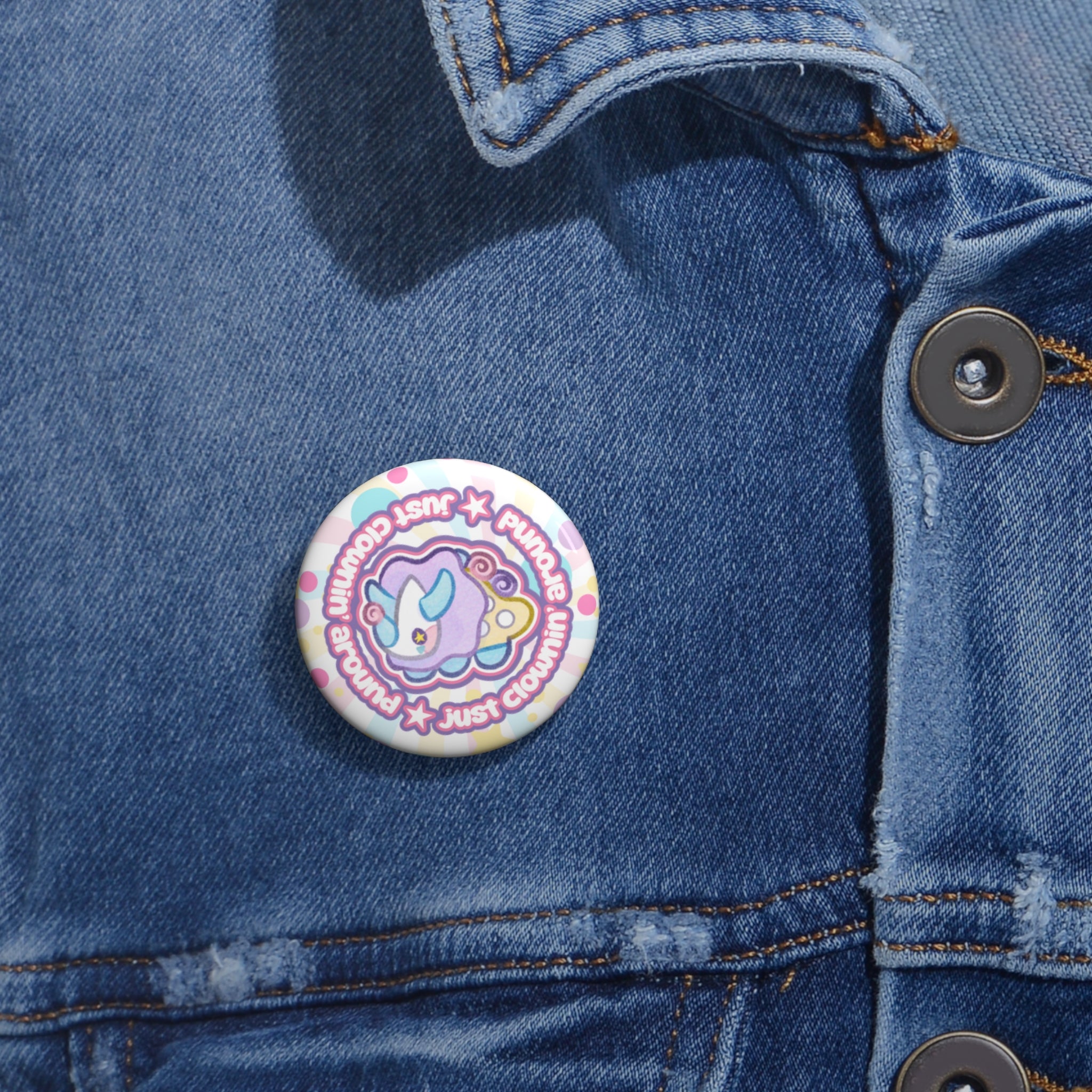Cute Pastel Funceratops Clownin Around Pin Buttons | Just Clownin' Around Badge Silly Clowncore Circus