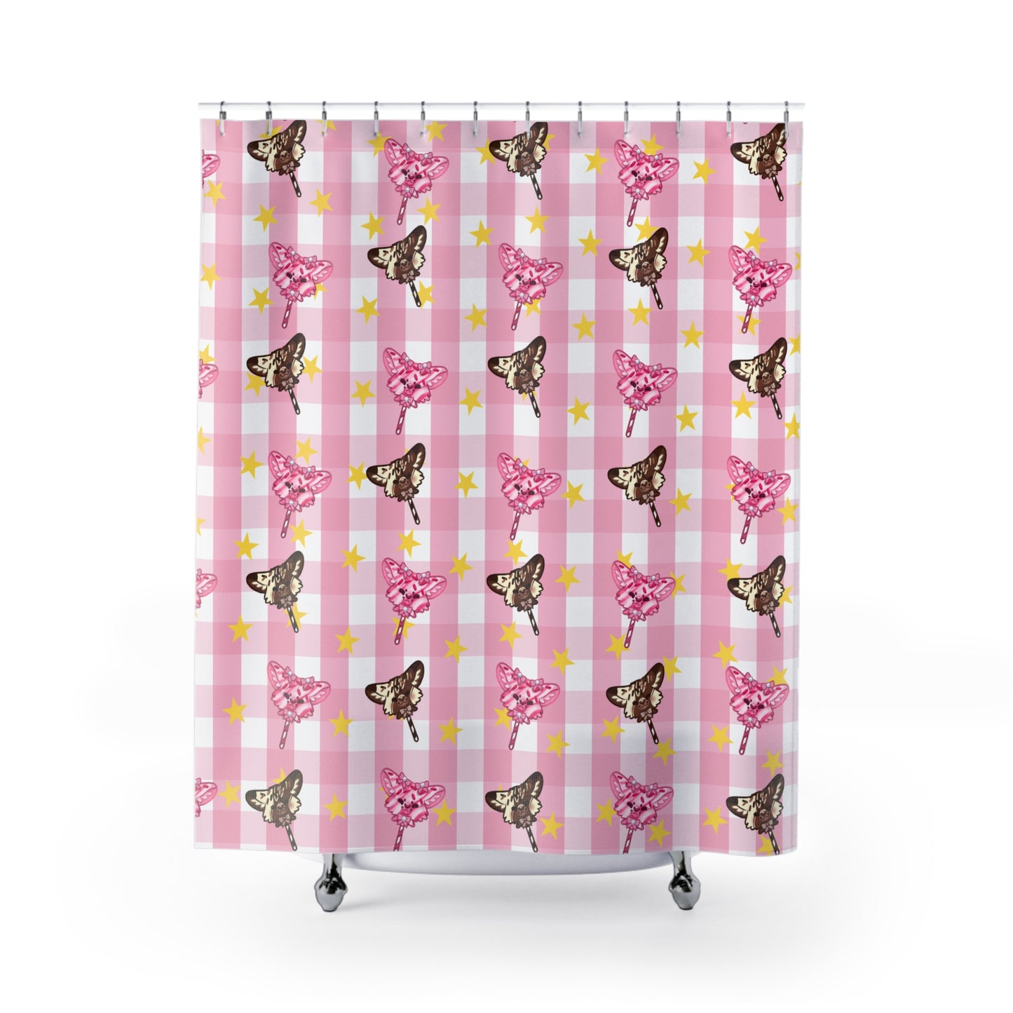Cake Pup Shower Curtain Chocolate and Raspberry Dessert Dogs | Pink Gingham Design | Starry