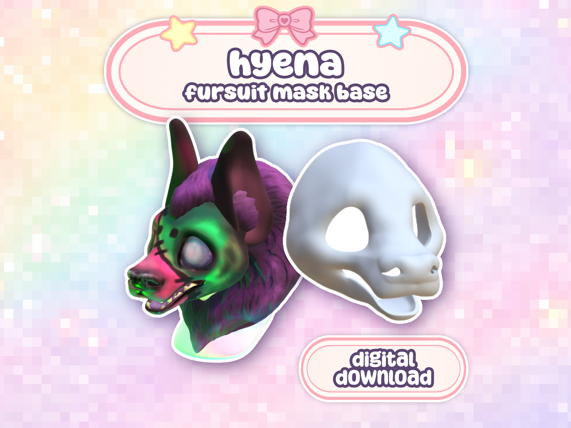 Hyena Cutie Fursuit Head 004 STL Files 3D Print Mask Base Open Mouth Striped Hyena Art Doll (Digital Download)