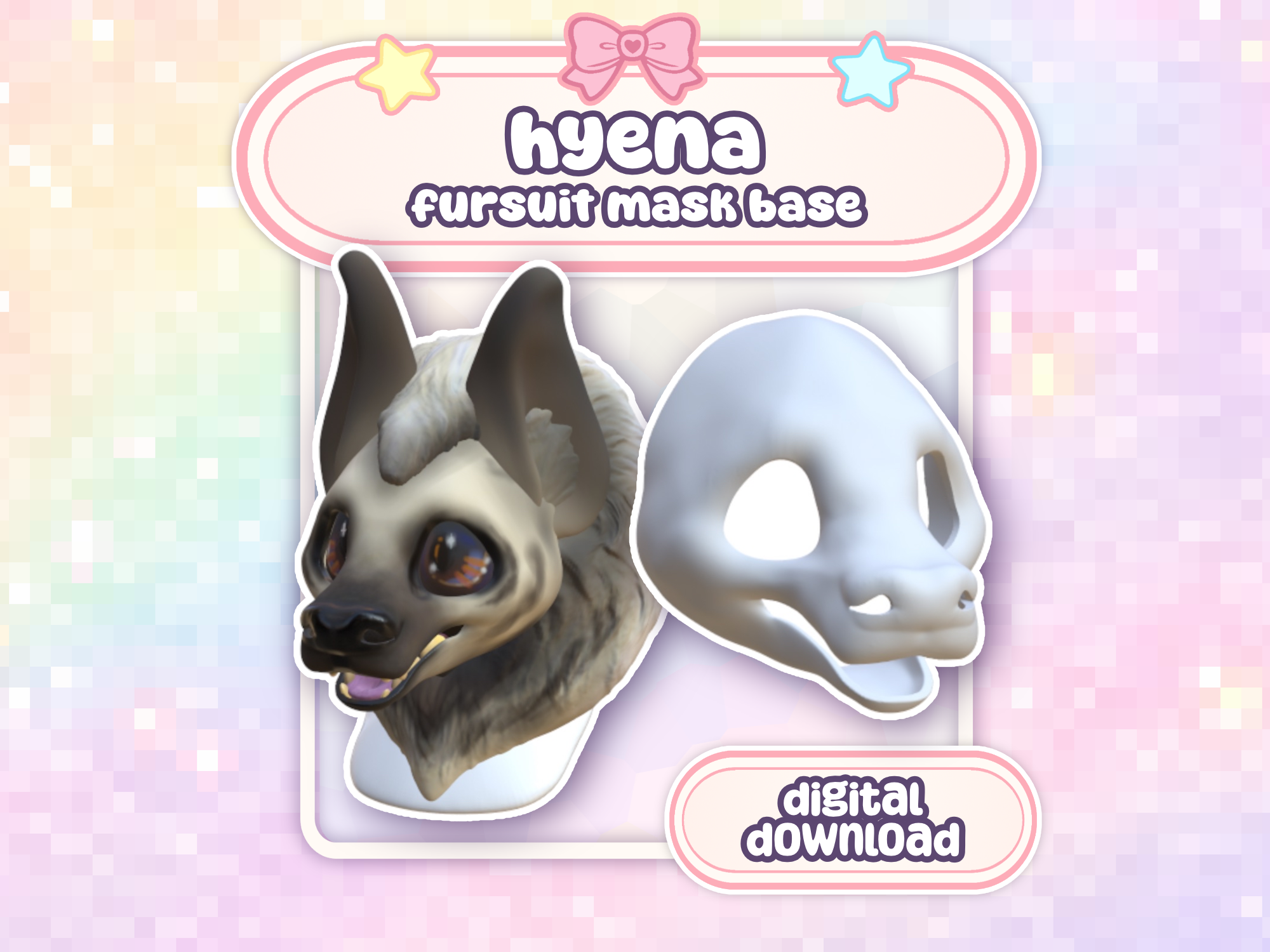 Hyena Cutie Fursuit Head 004 STL Files 3D Print Mask Base Open Mouth Striped Hyena Art Doll (Digital Download)
