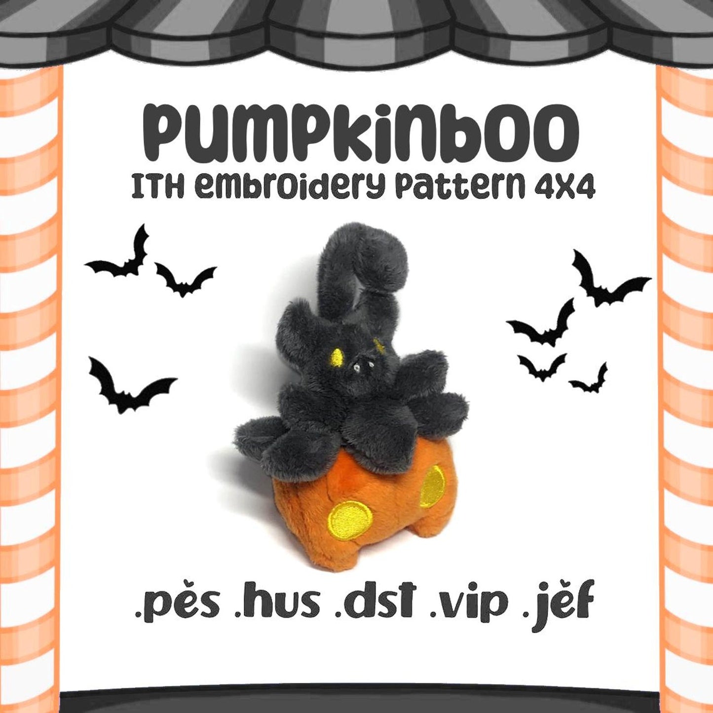 Pumpkinboo ITH Embroidery Plush Pattern Halloween Embroidery Machine Pattern Creepy Cute Kawaii Tiny Plush Pumpkin Bat 4x4