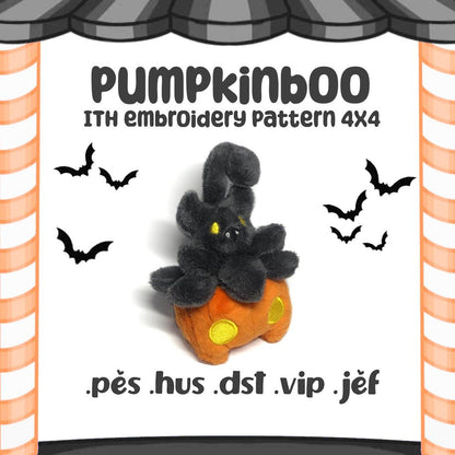 Pumpkinboo ITH Embroidery Plush Pattern Halloween Embroidery Machine Pattern Creepy Cute Kawaii Tiny Plush Pumpkin Bat 4x4