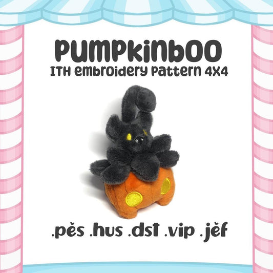 Pumpkinboo ITH Embroidery Plush Pattern Halloween Embroidery Machine Pattern Creepy Cute Kawaii Tiny Plush Pumpkin Bat 4x4