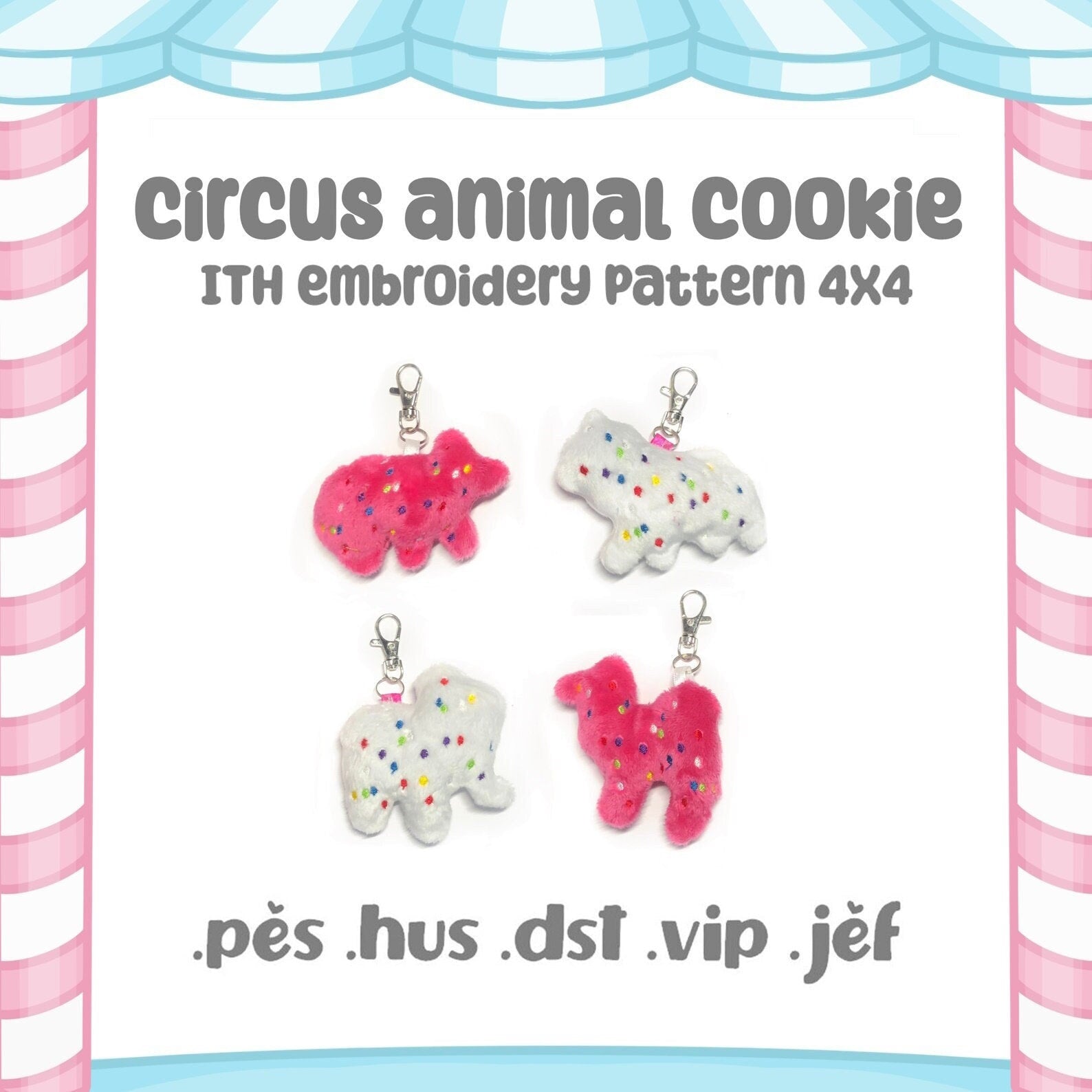 Circus Animal Cracker Sewing and ITH Embroidery Pattern Frosted Pink White Kawaii Tiny Plush Cute Fluffy Pastel 4x4