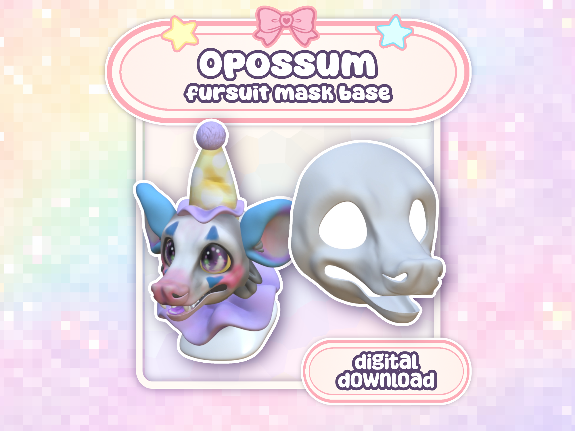 Opossum Cutie Fursuit Head 003 STL Files 3D Print Mask Base Open Mouth Possum Marsupial Doll (Digital Download)