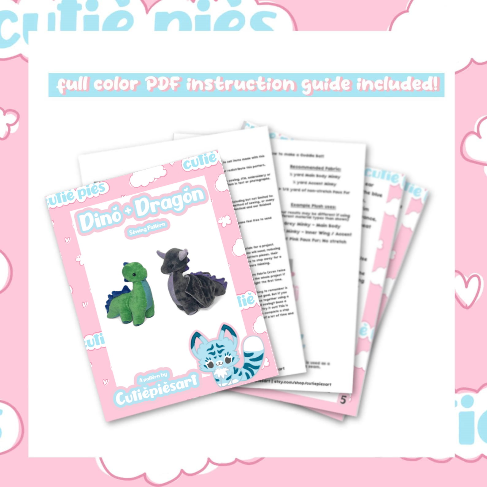 Dinosaur Dragon Plush Sewing Pattern Hand or Machine Sew Cute Fantasy Magic Medieval